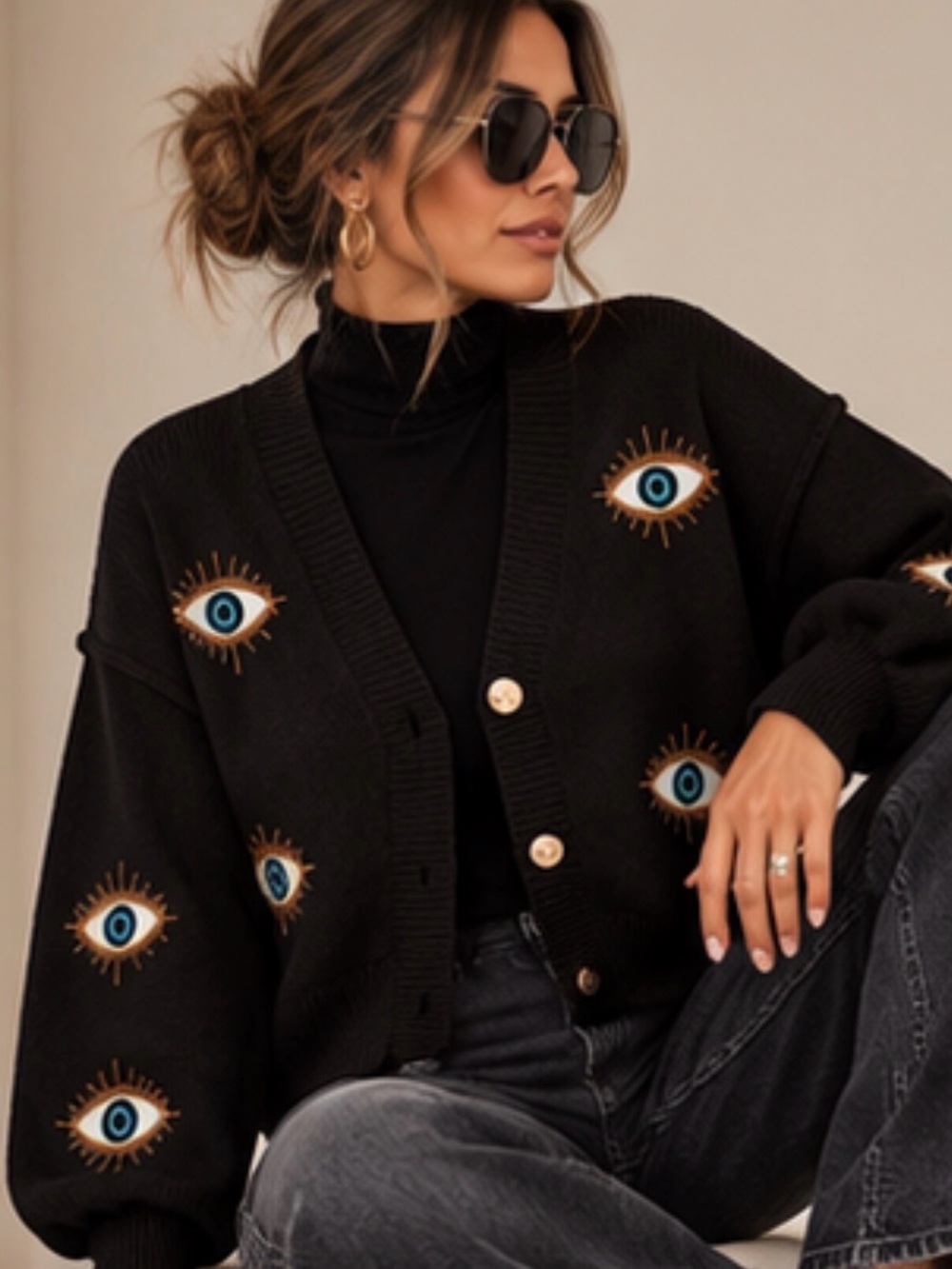 Black Eye Motif Button-Front Cardigan Sweater